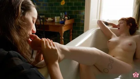 Lesbian Bathtime Worship Slave Mila Worships Mistress Roxys feet during Bathtime, with Foot Worship and Toe Sucking still 2